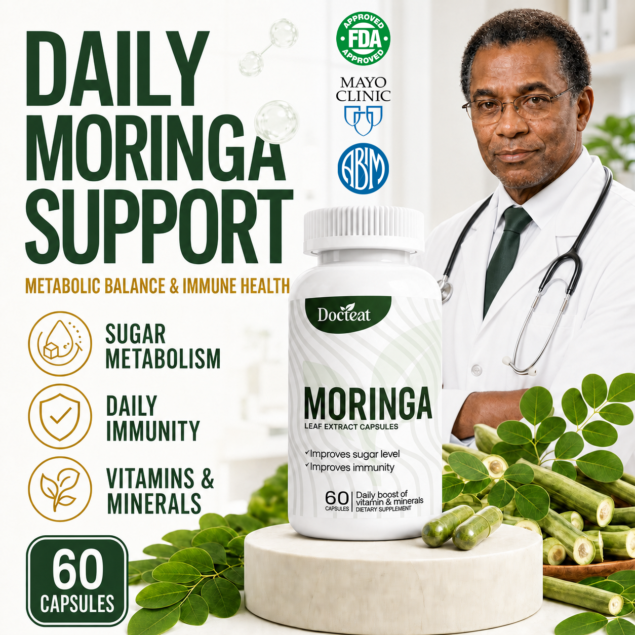 Docteat Moringa Leaf Extract Capsules – Daily Metabolic, Immune & Energy Support-CU