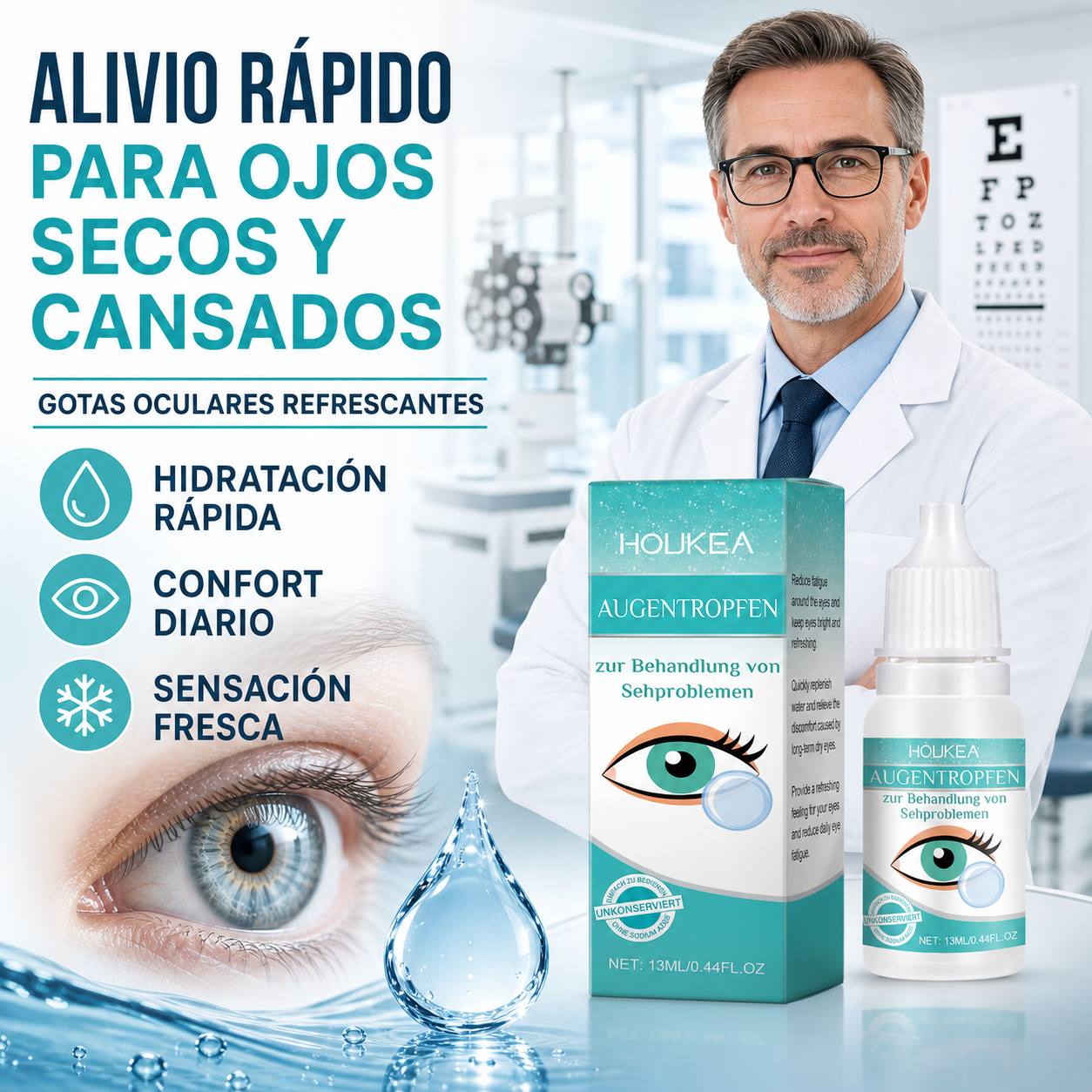 Gotas Oculares Hidratantes HOUKEA – Confort Refrescante para Ojos Secos, Rojos y Cansados-CU
