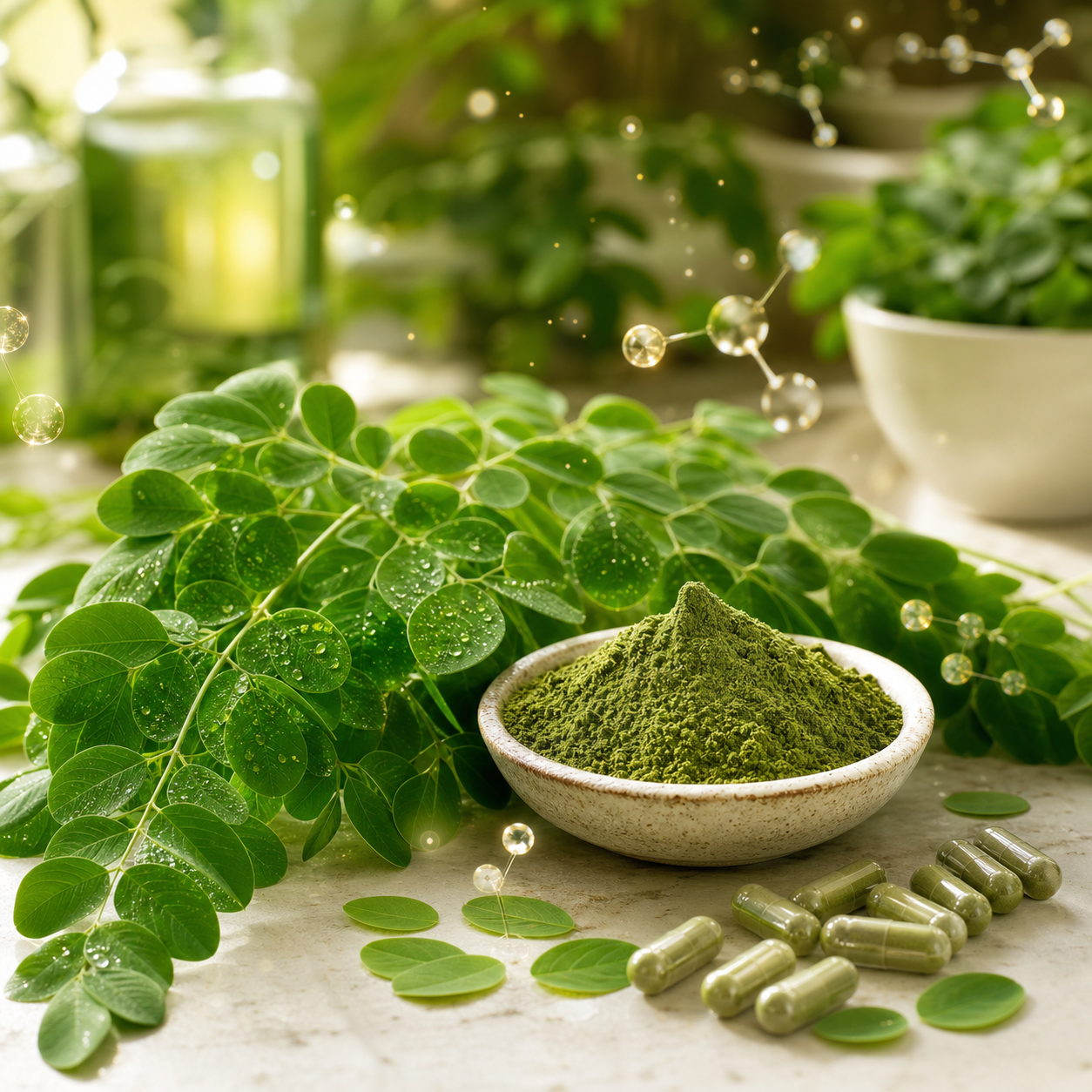 Fresh moringa leaves, moringa powder and green capsules
