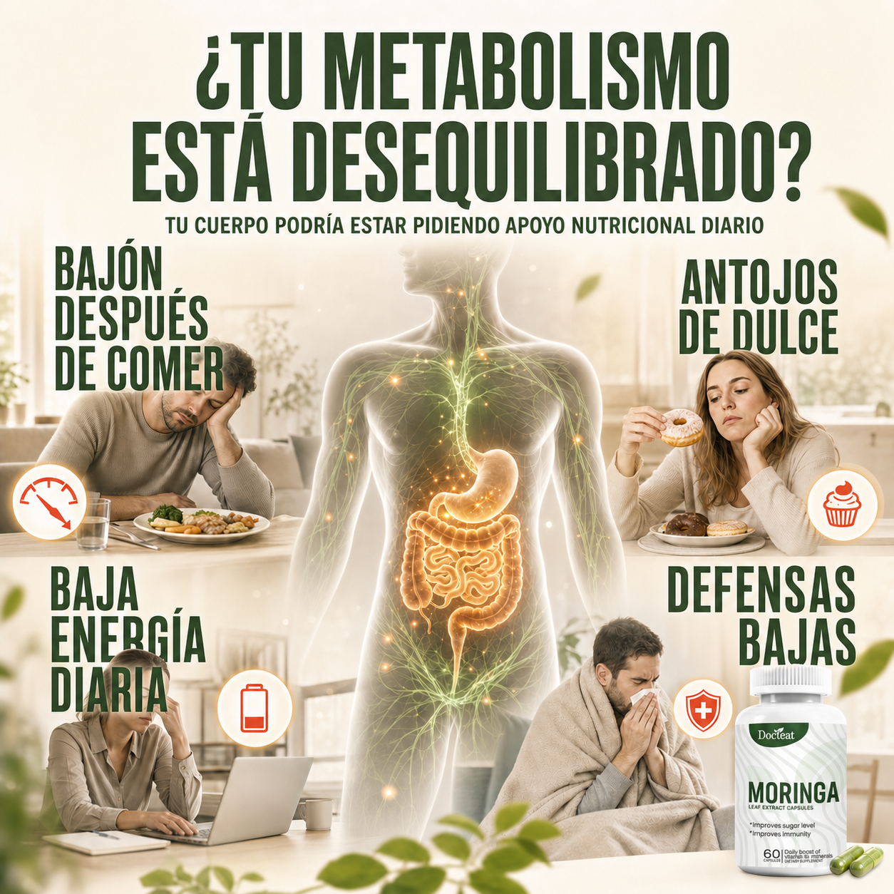 Cápsulas de Extracto de Hoja de Moringa Docteat – Apoyo Metabólico, Inmunitario y Energético Diario-CU