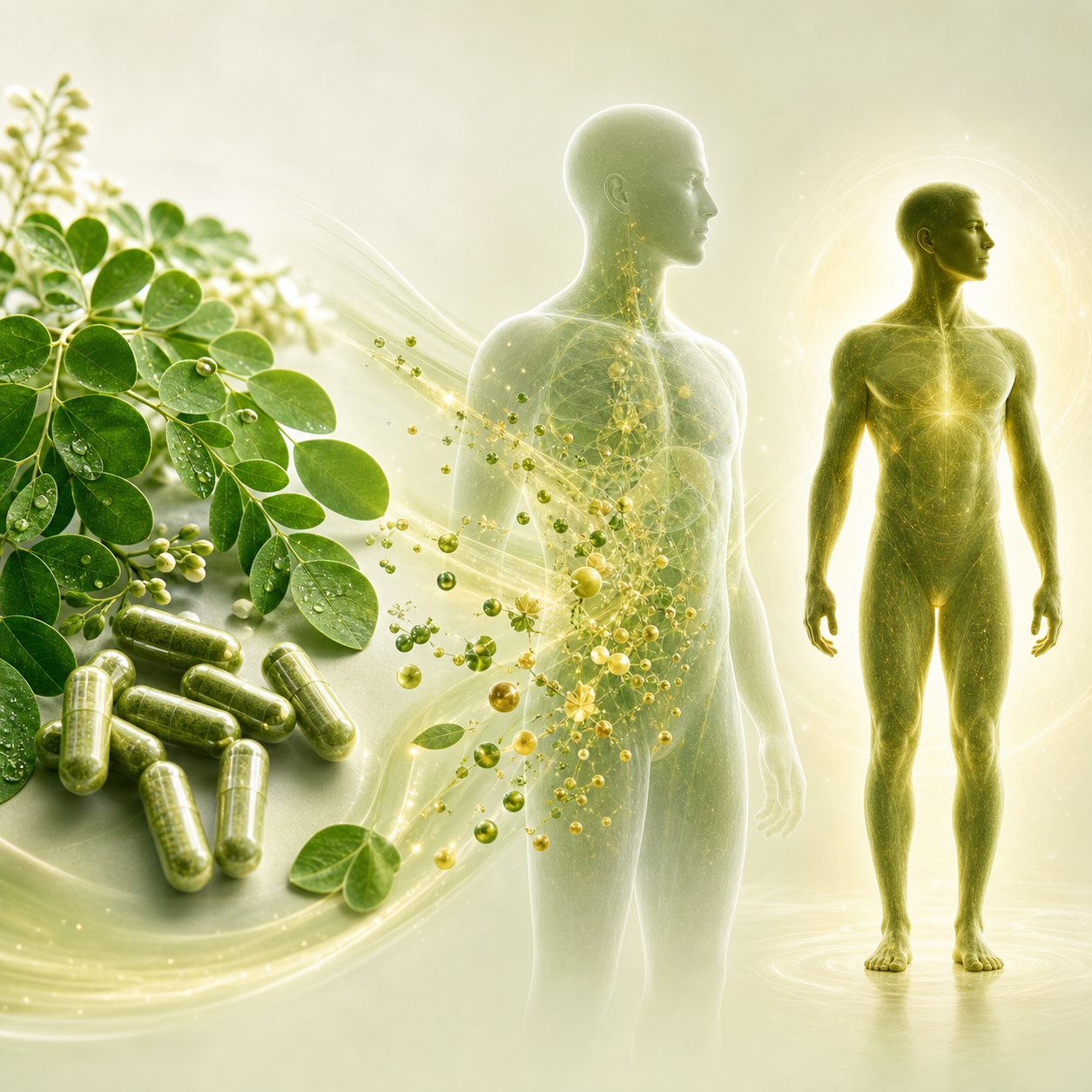 Moringa plant nutrients moving through a three-stage whole-body wellness visual