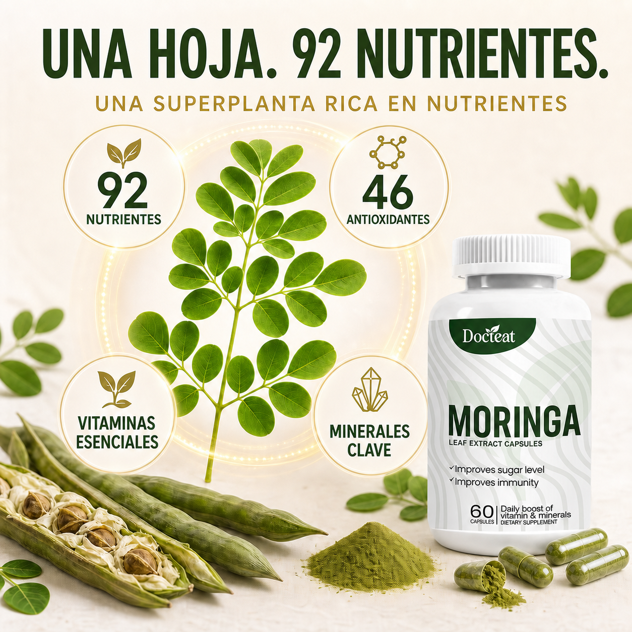 Cápsulas de Extracto de Hoja de Moringa Docteat – Apoyo Metabólico, Inmunitario y Energético Diario-CU