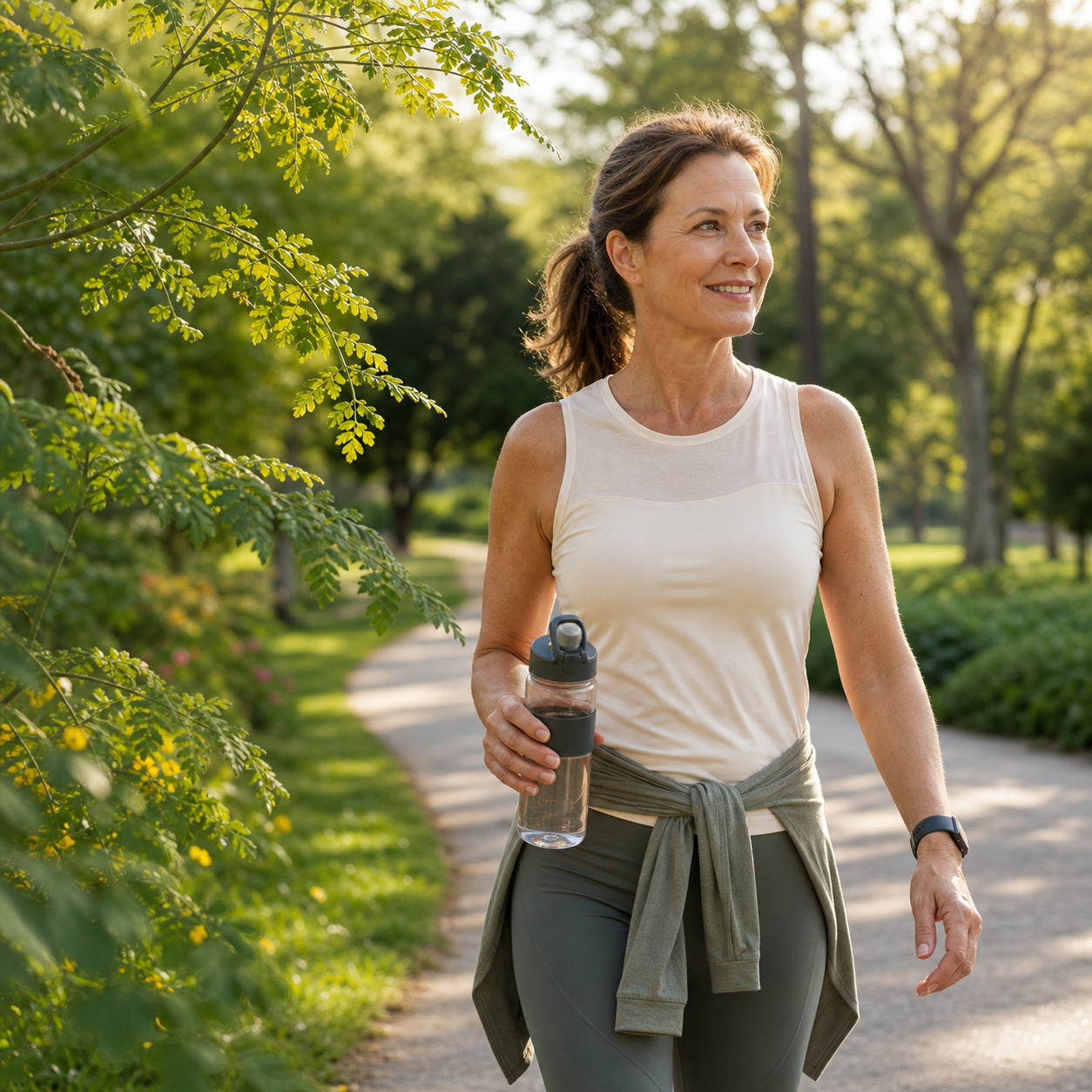 An active woman enjoying a steady morning walk
