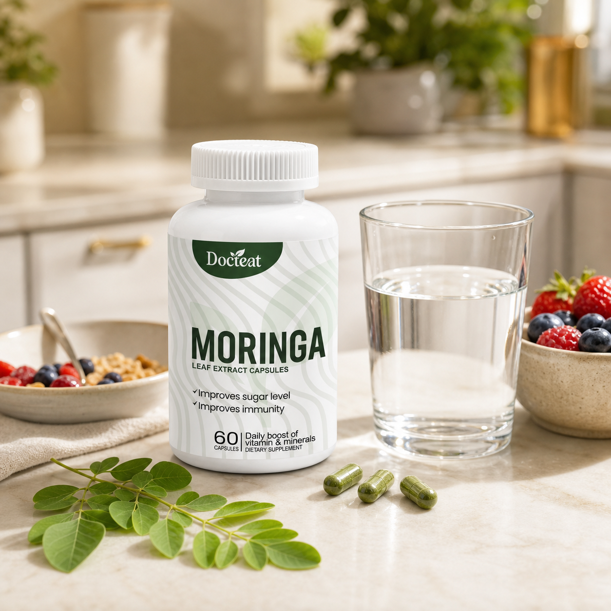 Docteat Moringa beside water and breakfast as part of a simple morning routine
