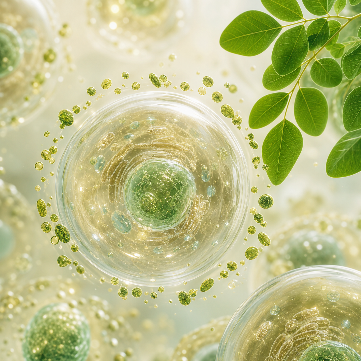 A clean cellular wellness visualization surrounded by moringa plant compounds