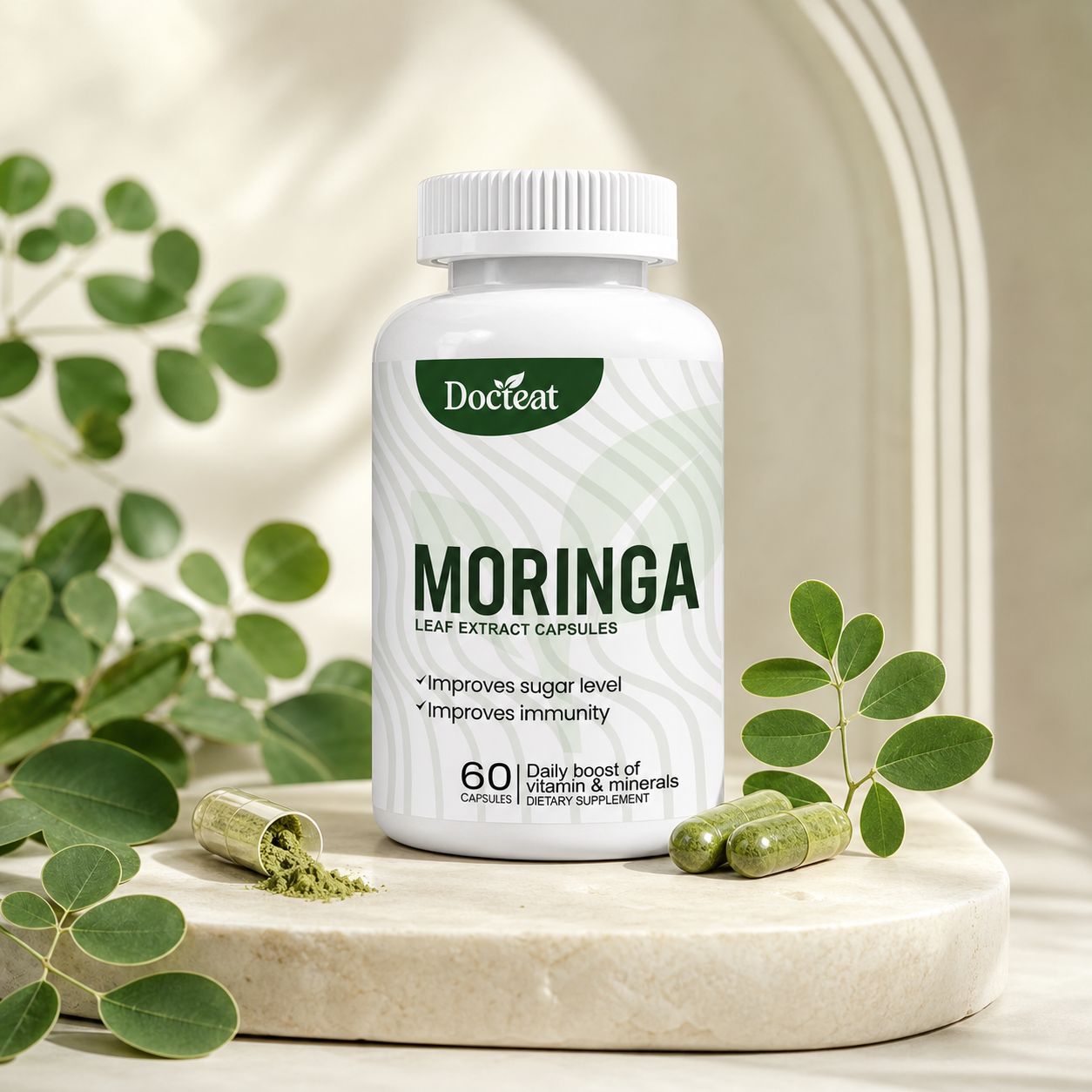 Docteat Moringa with fresh moringa leaves and green capsules