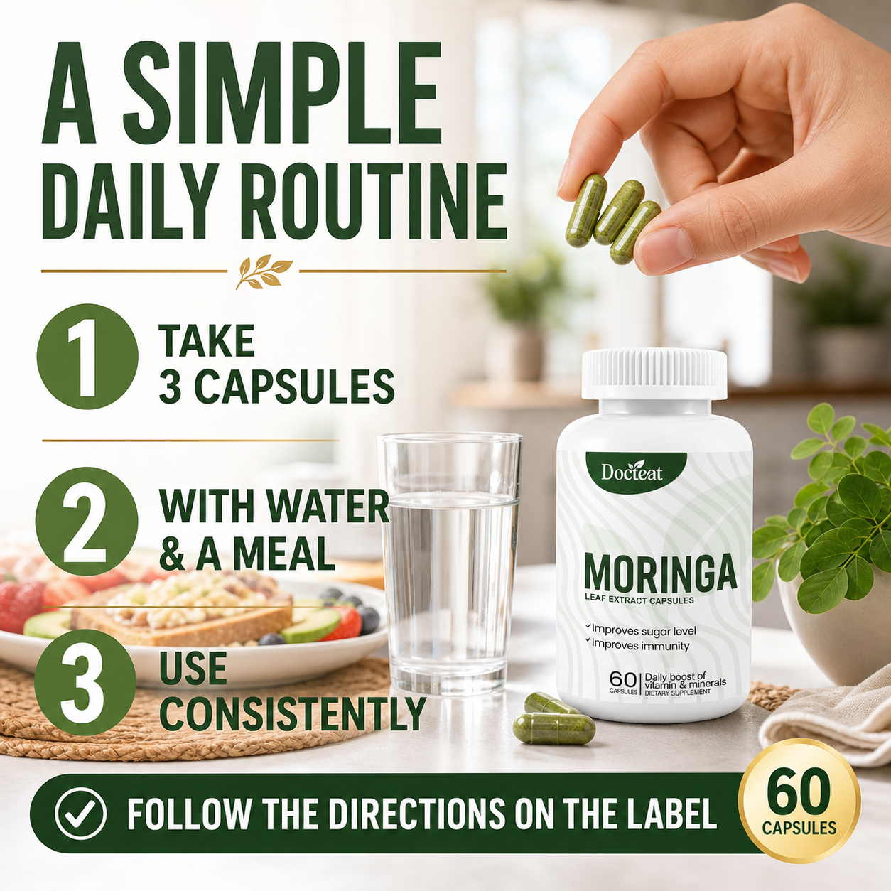 Docteat Moringa Leaf Extract Capsules – Daily Metabolic, Immune & Energy Support-CU