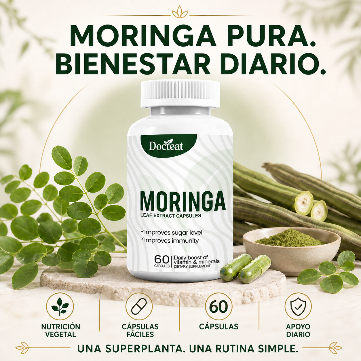 Cápsulas de Extracto de Hoja de Moringa Docteat – Apoyo Metabólico, Inmunitario y Energético Diario-CU