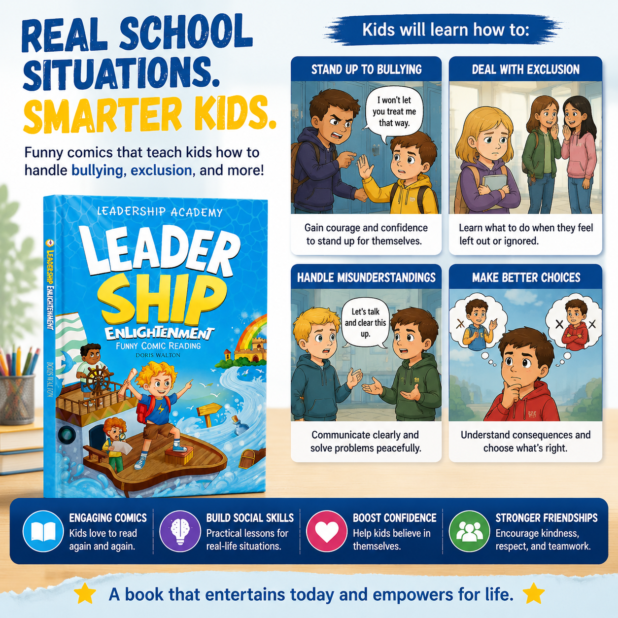A fun comic book that helps kids learn confidence, communication, kindness, and how to handle difficult social situations-YQ