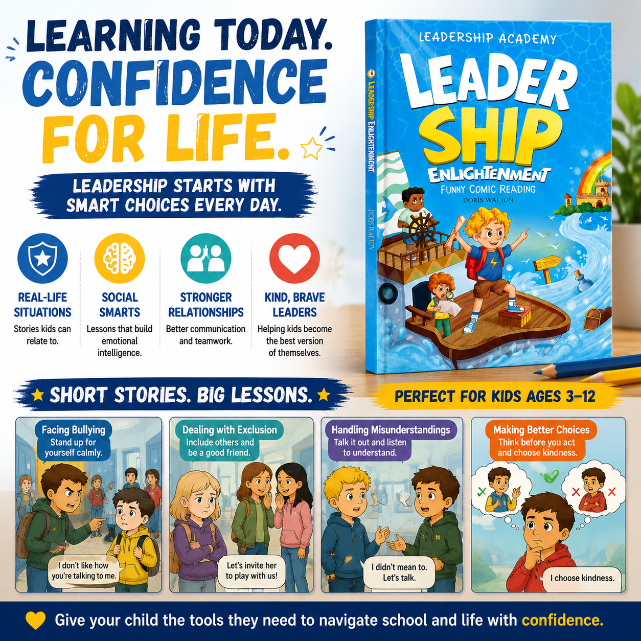 A fun comic book that helps kids learn confidence, communication, kindness, and how to handle difficult social situations-YQ