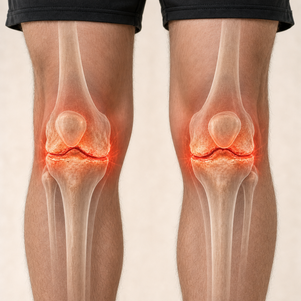 Rodillas tensionadas con articulación irritada y espacio articular reducido