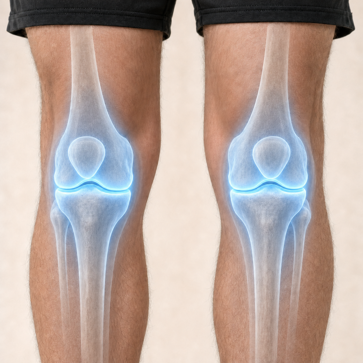 Rodillas saludables con cartílago uniforme y espacio articular normal