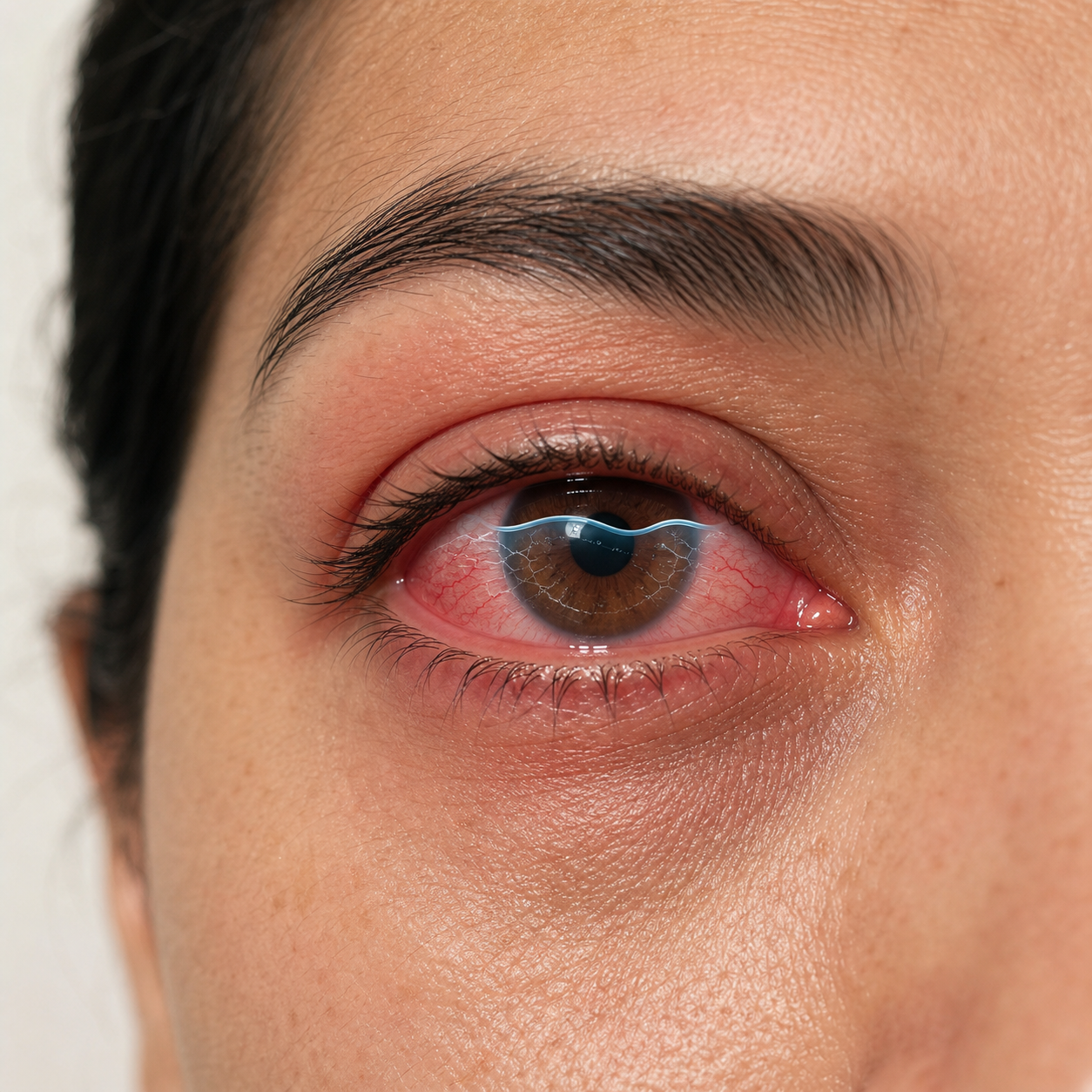El mismo ojo con enrojecimiento y película lagrimal de aspecto inestable