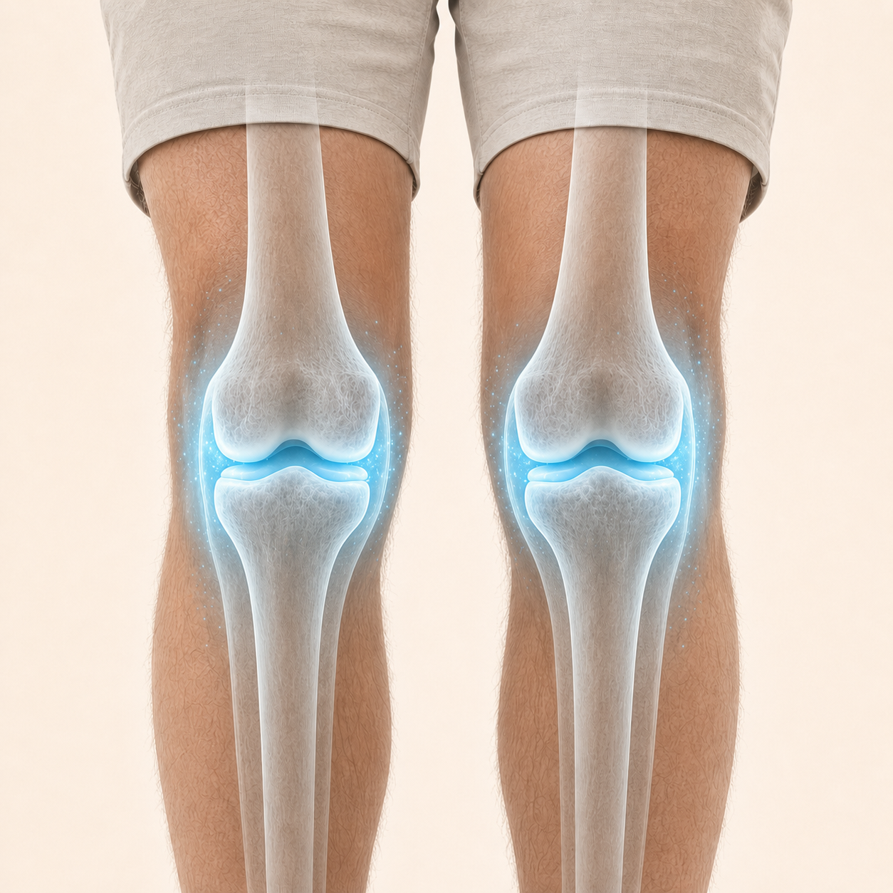 After: both knees with healthy-looking joints and a blue comfort effect