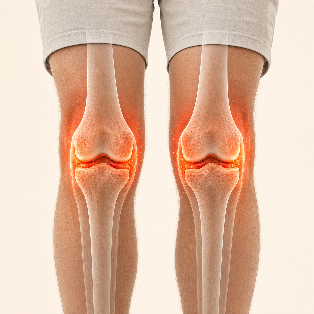 Before: both knees with stressed joints and a red discomfort effect