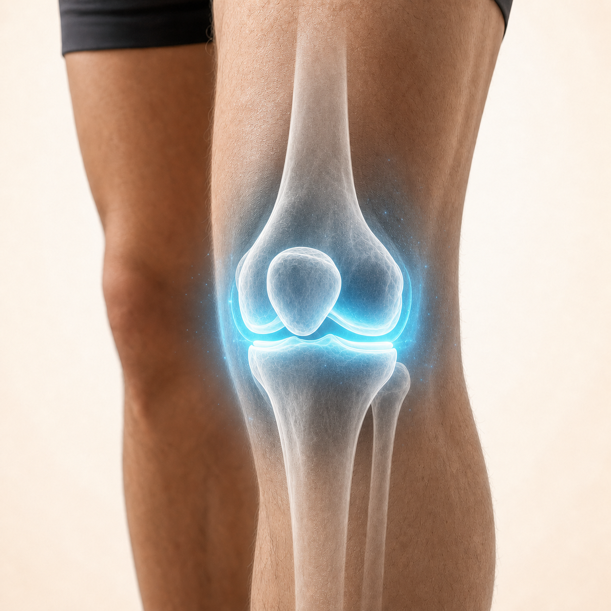 Primer plano de la misma rodilla con articulación equilibrada y efecto calmante azul