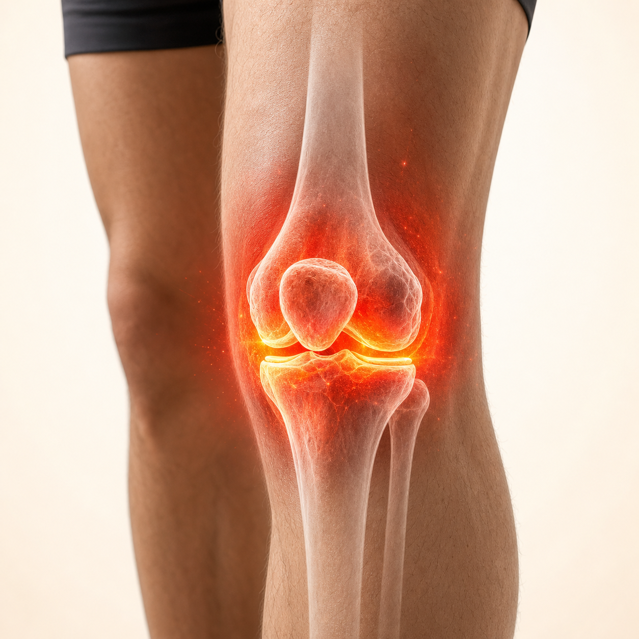 Primer plano de la rodilla con articulación estresada y efecto intenso de calor rojo
